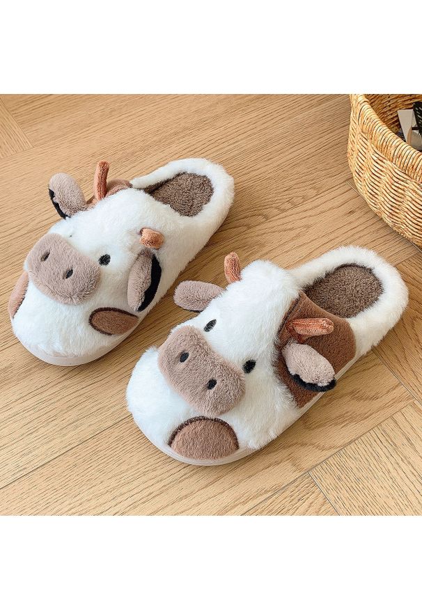 Intica - Klapki domowe w kształcie krowy z miękkiego materiału Gonnie. Okazja: do domu. Kolor: brązowy. Materiał: materiał. Styl: casual