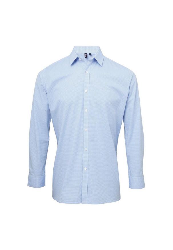 PREMIER - Męska Koszula Z Długim Rękawem Gingham Micro Checked. Kolor: biały, wielokolorowy, niebieski. Długość rękawa: długi rękaw. Długość: długie
