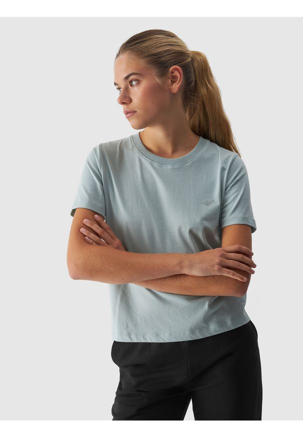 4f - 4F T-shirt regular gładki damski - turkusowy XXL. Okazja: na co dzień. Kolor: turkusowy. Materiał: skóra, jersey, dzianina, bawełna, materiał. Długość rękawa: krótki rękaw. Długość: krótkie. Wzór: gładki. Sezon: lato. Styl: sportowy, klasyczny, casual