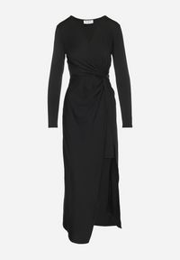 Born2be - Czarna Sukienka z Efektownym Marszczeniem i Rozcięciem z Wiskozą Kliheria. Okazja: na co dzień. Kolor: czarny. Materiał: wiskoza. Długość rękawa: długi rękaw. Styl: klasyczny, casual, elegancki #5