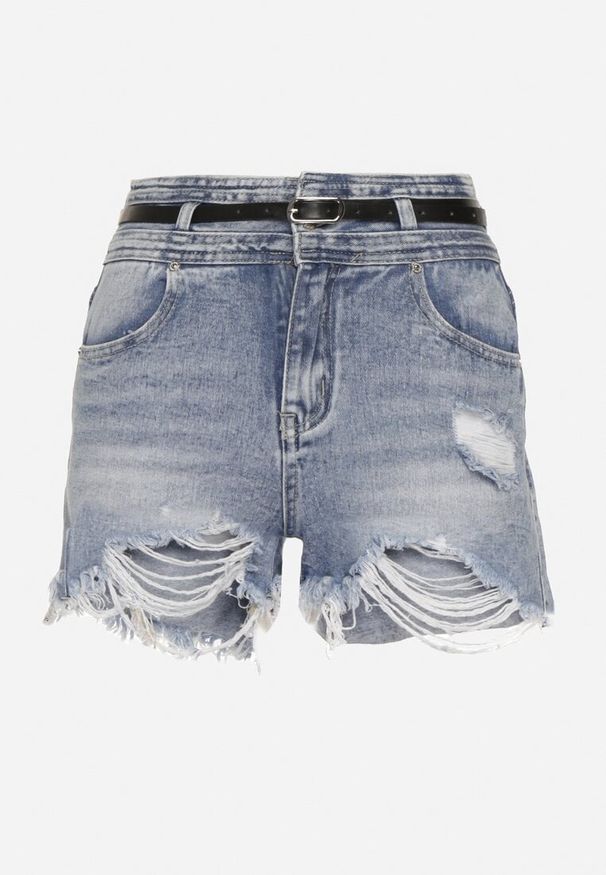 Born2be - Jasnoniebieskie Szorty Jeansowe z Wysokim Stanem z Paskiem z Ekoskóry i Postrzępionymi Nogawkami Kaelle. Stan: podwyższony. Kolor: niebieski. Materiał: jeans. Styl: elegancki