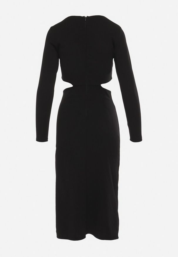 Born2be - Czarna Taliowana Sukienka z Wycięciami w Talii i Rozcięciem na Dole Larnnie. Okazja: na wesele, na imprezę, na ślub cywilny. Kolor: czarny. Materiał: wiskoza. Styl: klasyczny. Długość: midi