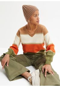 bonprix - Sweter z dzianiny. Kolor: brązowy. Materiał: dzianina. Wzór: kolorowy, paski #1
