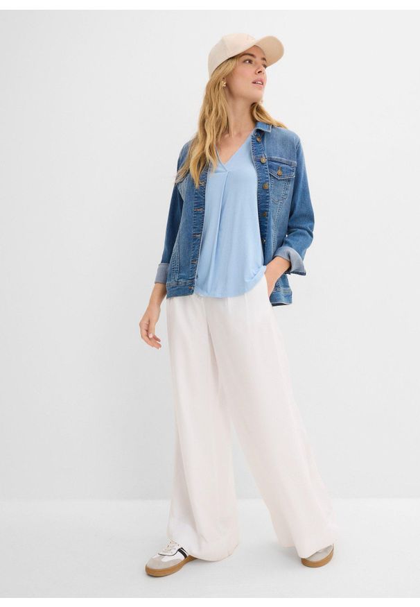 bonprix - Top z miękkiej mieszanki wiskozy. Typ kołnierza: dekolt w serek. Kolor: niebieski. Materiał: wiskoza. Styl: elegancki