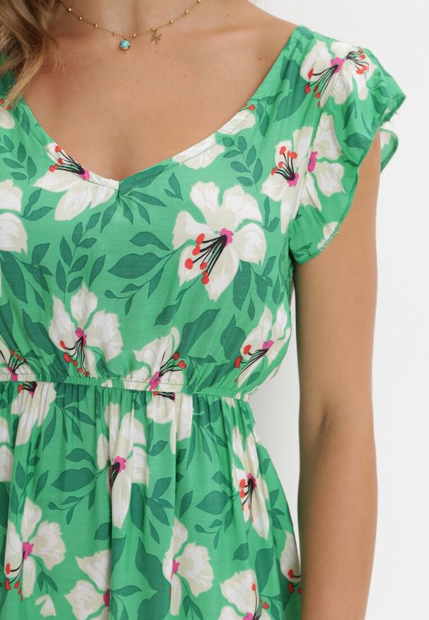 Born2be - Zielona Sukienka Bawełniana w Kwiaty Aimya. Kolor: zielony. Materiał: bawełna. Wzór: kwiaty. Sezon: lato