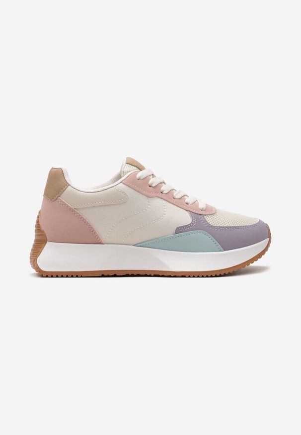 Renee - Beżowo-Różowe Sneakersy z Siateczkową Wstawką na Nosku Hlimeltia. Kolor: beżowy. Materiał: dresówka, jeans