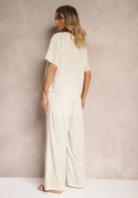Renee - Beżowy Komplet z Wyszywanymi Kwiatami Luźny T-shirt i Proste Spodnie Namselin. Kolor: beżowy. Materiał: materiał. Wzór: kwiaty