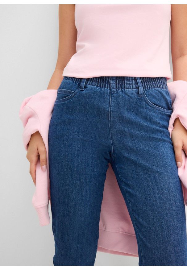 bonprix - Spodnie Straight, mid waist, z wygodnym paskiem (2 pary). Kolor: niebieski