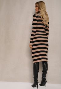 Renee - Beżowo-Czarna Sukienka Sweterkowa z Wiskozą i Modalem w Paski z Wycięciem Naliria. Okazja: na co dzień, na spacer. Kolor: beżowy. Materiał: wiskoza. Wzór: paski. Styl: casual, elegancki