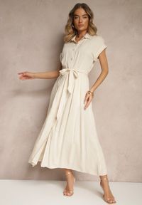 Renee - Beżowa Koszulowa Sukienka z Wiskozy z Paskiem Rinaira. Okazja: na co dzień, na imprezę, na spacer. Kolor: beżowy. Materiał: wiskoza. Typ sukienki: koszulowe. Styl: casual, elegancki