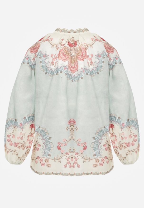 Born2be - Zielona Koszula w Kwiaty ze Stójką Feliana. Okazja: na co dzień. Typ kołnierza: kołnierzyk stójkowy. Kolor: zielony. Materiał: jeans. Wzór: kwiaty. Styl: casual, klasyczny, elegancki