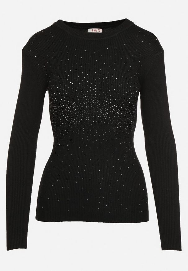 Born2be - Czarny Sweter Prążkowany z Cyrkoniami Romivra. Okazja: na co dzień. Kolor: czarny. Materiał: prążkowany. Długość rękawa: długi rękaw. Długość: długie. Styl: casual, elegancki