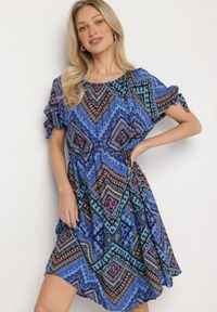 Born2be - Niebieska Bawełniana Sukienka w Etno Wzór z Wiązanym Paskiem w Talii Tosmera. Okazja: na co dzień. Kolor: niebieski. Materiał: bawełna. Styl: etno #5