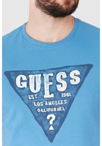 Guess - GUESS Niebieski t-shirt męski z dużym logo, Rozmiar S. Kolor: niebieski. Wzór: nadruk #3