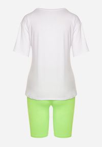 Born2be - Zielono-Biały Komplet T-shirt z Nadrukiem i Kolarki z Wysokim Stanem Jannesca. Kolor: zielony. Materiał: tkanina. Wzór: nadruk #6