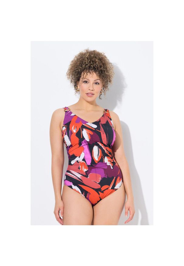 ULLA POPKEN - Damski Strój kąpielowy marszczenie miękkie miseczki dekolt w serek. Kolekcja: plus size. Kolor: czerwony. Materiał: poliester, elastan, poliamid, materiał
