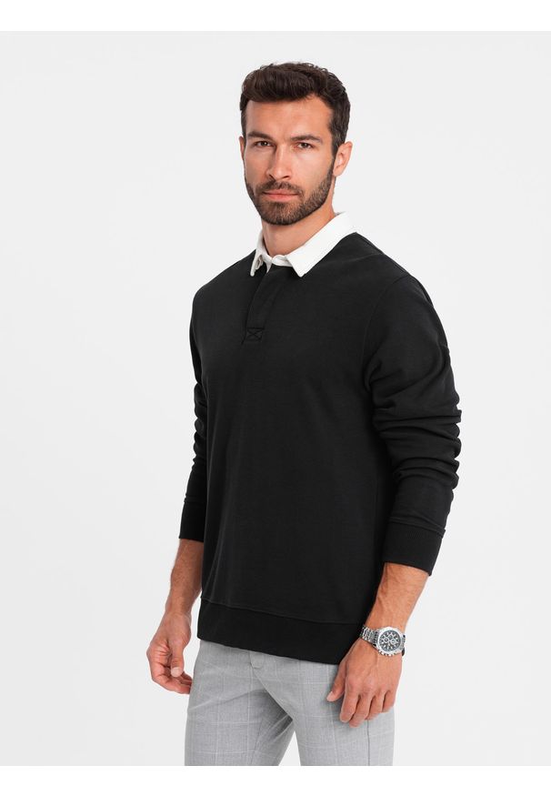 Ombre Clothing - Bluza męska z białym kołnierzykiem polo - czarna V6. Typ kołnierza: polo. Kolor: czarny. Materiał: materiał, bawełna, poliester