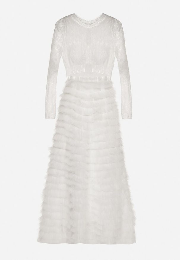 Born2be - Biała Maxi Sukienka Rozkloszowana z Koronkową Górą i Tiulowymi Falbankami Firina. Typ kołnierza: kołnierz z falbankami. Kolor: biały. Materiał: tiul, koronka. Długość: maxi