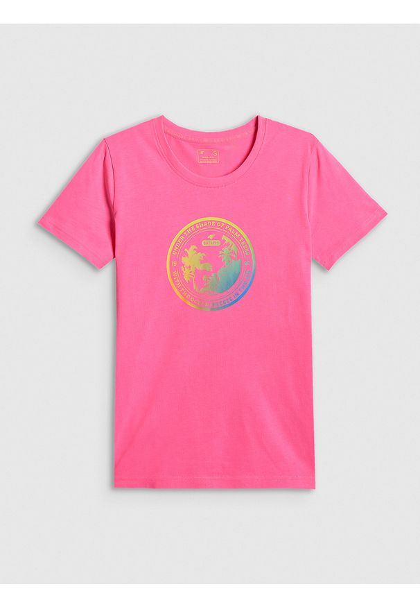 4f - 4F T-shirt regular z nadrukiem damski - różowy M. Okazja: na co dzień. Kolor: różowy. Materiał: dzianina, bawełna, materiał. Wzór: nadruk. Styl: casual, klasyczny, sportowy
