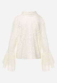 Born2be - Beżowa Wiskozowa Bluzka z Koronki z Bawełną Kokardą i Rozszerzanymi Rękawami Andrice. Okazja: na randkę. Typ kołnierza: kokarda. Kolor: beżowy. Materiał: wiskoza, bawełna, koronka. Wzór: koronka. Styl: klasyczny #3