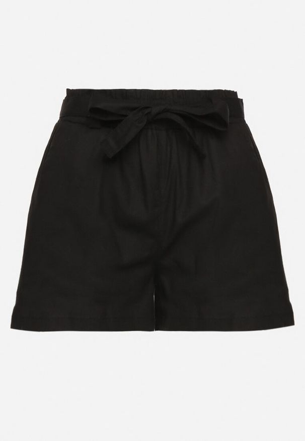 Born2be - Czarne Bawełniane Szorty z Wysokim Stanem i Paskiem Tananiella. Okazja: na co dzień, na spacer. Stan: podwyższony. Kolor: czarny. Materiał: bawełna. Sezon: lato. Styl: casual, elegancki