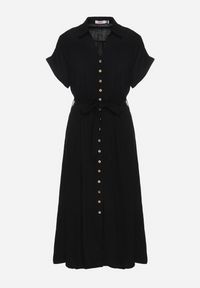 Born2be - Czarna Sukienka Koszulowa z Wiskozy i Lnu Wiązana w Talii z Kieszeniami Efrasira. Okazja: na co dzień. Kolor: czarny. Materiał: wiskoza, len. Typ sukienki: koszulowe. Styl: elegancki, casual #3