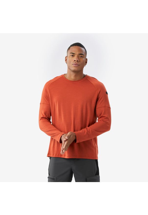 FORCLAZ - Koszulka męska trekkingowa z długim rękawem Merino Resist. Kolor: wielokolorowy, brązowy, pomarańczowy. Materiał: wełna, materiał, poliamid. Długość rękawa: długi rękaw. Długość: długie. Sport: turystyka piesza