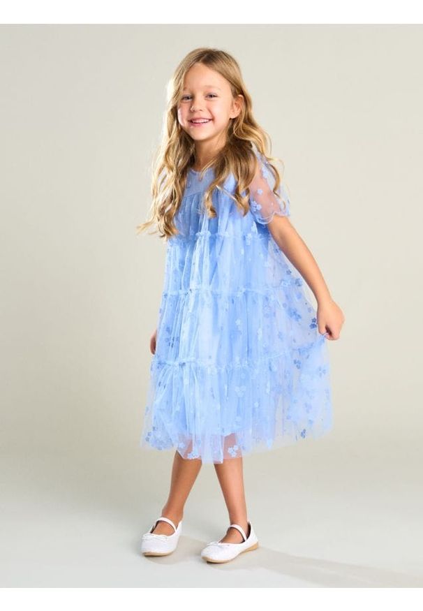 Sinsay - Sukienka tiulowa z aksamitnym kwiatowym nadrukiem - niebieski. Kolor: niebieski. Materiał: tiul. Wzór: nadruk, kwiaty