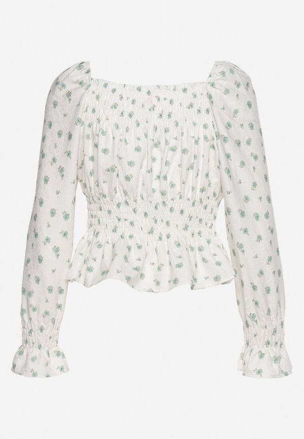 Born2be - Biało-Zielona Bluzka w Stylu Boho z Gumkami w Pasie i przy Dekolcie Nerassa. Okazja: na co dzień, na randkę. Kolor: biały. Materiał: jeans, satyna. Długość: długie. Wzór: kwiaty. Styl: boho