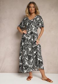 Renee - Czarna Sukienka z Gumką w Pasie Ozdobiona Roślinnym Wzorem Charina. Kolor: czarny. Materiał: tkanina, wiskoza. Długość rękawa: krótki rękaw. Wzór: aplikacja. Sezon: lato #5