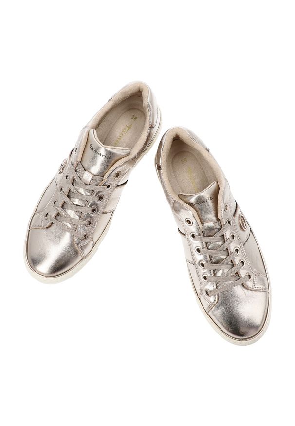 Złote Sneakersy Tamaris Eleganckie Obuwie Damskie. Zapięcie: sznurówki. Kolor: złoty. Materiał: guma, materiał. Styl: elegancki