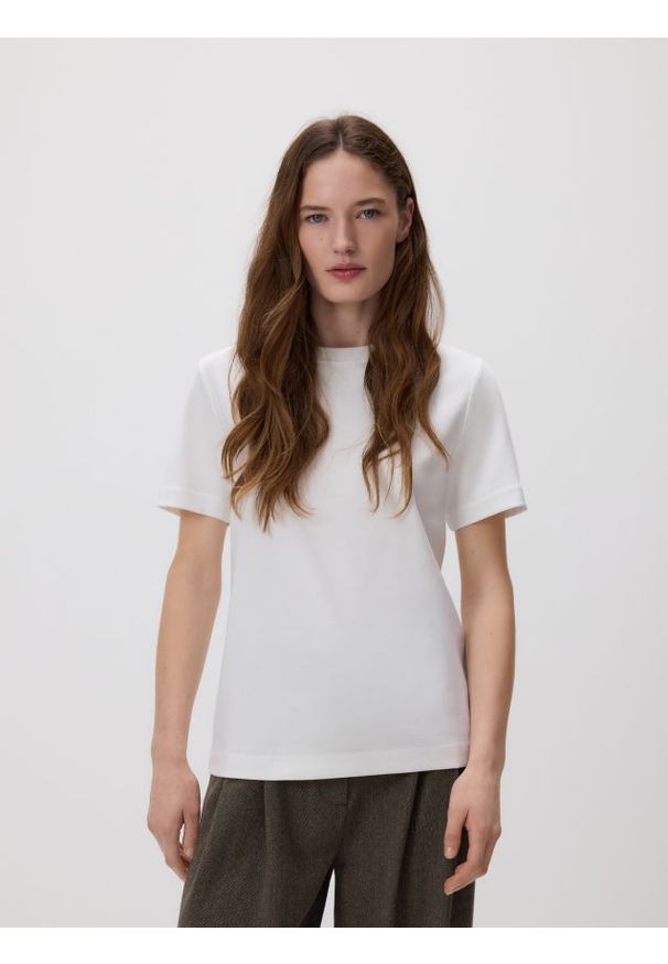 Reserved - T-shirt z bawełny merceryzowanej - biały. Kolor: biały. Materiał: bawełna