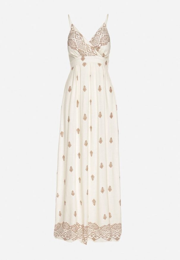 Born2be - Kremowo-Beżowa Bawełniana Sukienka Rozkloszowana z Kopertowym Dekoltem i Wiązaniem Revevra. Okazja: na co dzień, na randkę. Typ kołnierza: dekolt kopertowy. Kolor: beżowy. Materiał: bawełna. Długość rękawa: na ramiączkach. Typ sukienki: kopertowe. Styl: casual