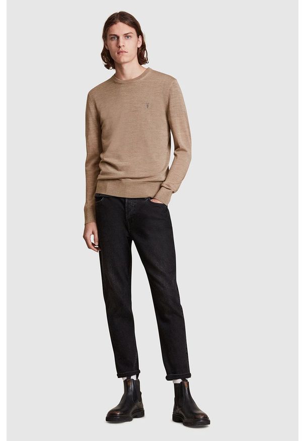 AllSaints Sweter wełniany męski kolor żółty. Okazja: na co dzień. Kolor: beżowy. Materiał: wełna. Długość rękawa: długi rękaw. Długość: długie. Styl: casual