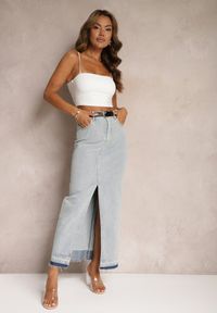 Renee - Jasnoniebieska Ołówkowa Spódnica Jeansowa z Ozdobnym Rozcięciem Lefrana. Kolor: niebieski. Materiał: jeans. Styl: elegancki #4