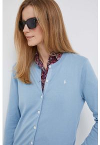 Polo Ralph Lauren kardigan damski kolor niebieski lekki. Okazja: na co dzień. Typ kołnierza: polo. Kolor: niebieski. Materiał: dzianina. Długość rękawa: długi rękaw. Długość: długie. Wzór: gładki. Styl: casual