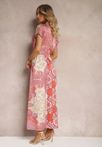 Renee - Różowo-Beżowa Sukienka Boho o Rozkloszowanym Kroju Ściągana w Talii Dimirrah. Kolor: różowy. Materiał: satyna. Sezon: lato. Styl: boho #5