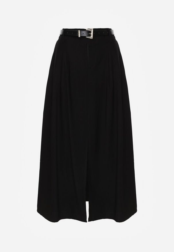 Renee - Czarna Rozkloszowana Spódnica z Wiskozy Zdobiona Rozcięciem i Paskiem Urilia. Kolor: czarny. Materiał: wiskoza. Wzór: aplikacja. Styl: elegancki