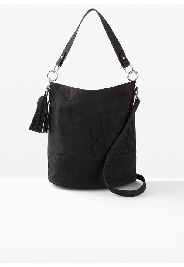bonprix - Torebka z haftem. Kolor: czarny. Wzór: haft. Dodatki: z haftem. Materiał: skórzane. Rodzaj torebki: na ramię