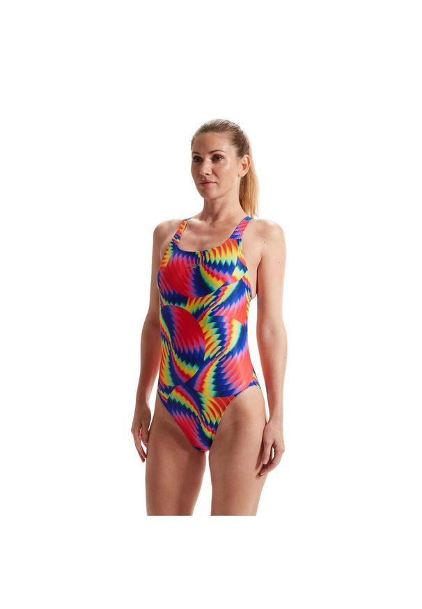 Strój pływacki damski Speedo Allover Digital Leaderback. Kolor: czerwony, wielokolorowy, niebieski