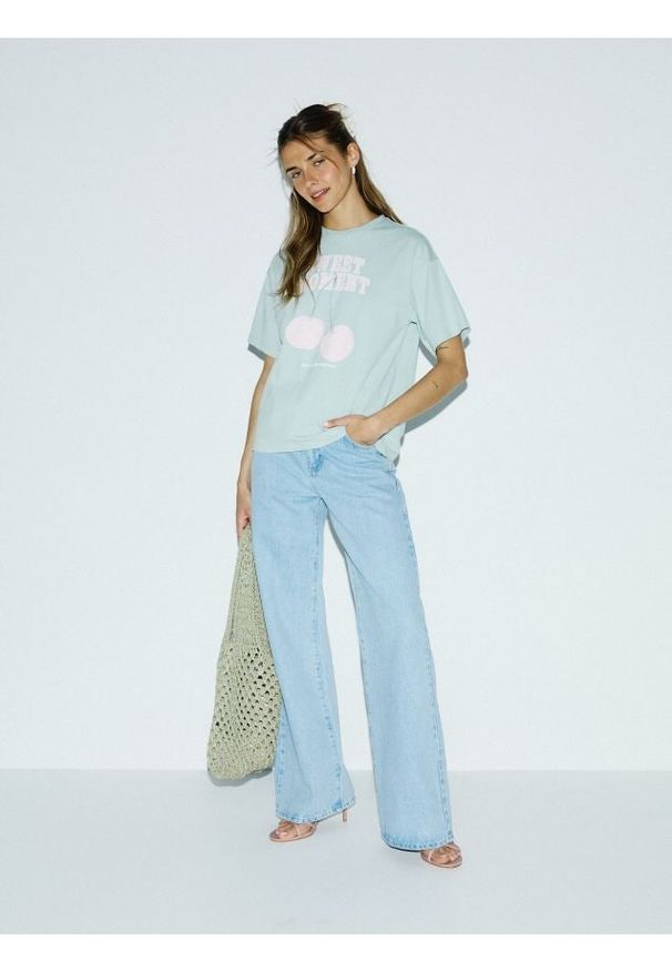 Reserved - T-shirt z nadukiem - miętowy. Kolor: miętowy. Materiał: bawełna