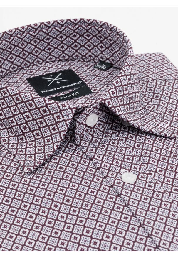 Pako Lorente - PAKO LORENTE – Brązowa wzorzysta koszula męska P23WF-1X-020-A-S. Okazja: na co dzień. Kolor: brązowy. Materiał: jeans, bawełna, elastan. Styl: casual