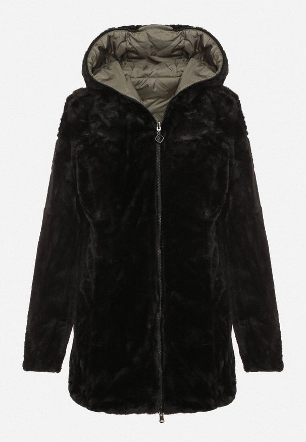Born2be - Zielona Pikowana Kurtka Dwustronna z Kapturem i Futerkiem Rinaresa. Okazja: na co dzień. Typ kołnierza: kaptur. Kolor: zielony. Materiał: futro. Styl: casual, elegancki