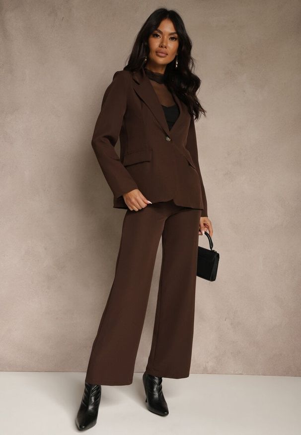 Renee - Brązowy Komplet Garniturowy z Wiskozą Spodnie Wide Leg i Marynarka na Guzik Tevrina. Kolor: brązowy. Materiał: wiskoza