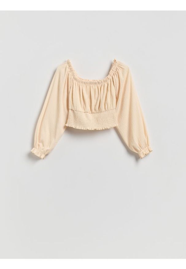 Reserved - Bluzka z marszczeniem - jasnożółty. Kolor: żółty. Materiał: dzianina. Długość: krótkie