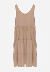 Renee - Beżowa Sukienka z Bawełny o Rozkloszowanym Kroju Ozdobiona Falbankami Tessah. Okazja: na co dzień. Typ kołnierza: kołnierz z falbankami. Kolor: beżowy. Materiał: bawełna. Wzór: aplikacja. Styl: elegancki, klasyczny, casual #4