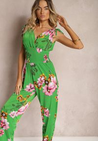 Renee - Zielony Kombinezon z Ściągaczami na Ramionach w Kwiatowy Wzór Almora. Kolor: zielony. Materiał: tkanina. Wzór: kwiaty. Sezon: lato