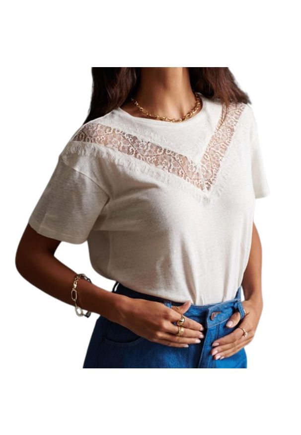 Koszulka turystyczna damska Superdry Chevrin Lace. Kolor: biały. Materiał: len, lyocell. Wzór: koronka