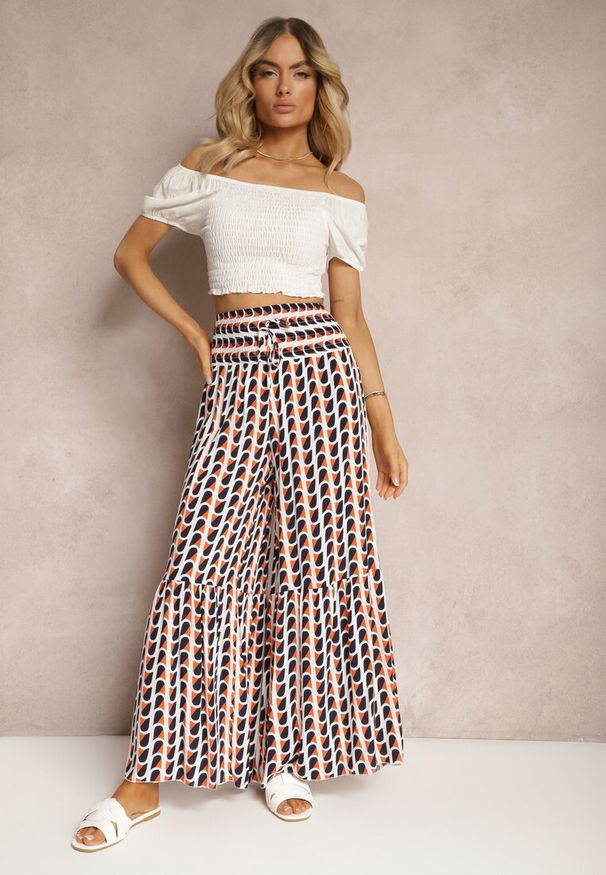 Renee - Pomarańczowo-Granatowe Spodnie z Wiskozy High Waist Typu Palazzo z Gumką w Talii Tiimacella. Stan: podwyższony. Kolor: pomarańczowy. Materiał: wiskoza. Sezon: lato