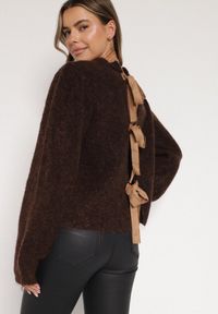 Born2be - Brązowy Kardigan z Wełną i Bufiastymi Rękawami Wiązany na Plecach Tuseleia. Okazja: na co dzień. Kolor: brązowy. Materiał: wełna. Styl: casual #1